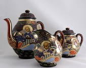 Rare 24 Pcs Antique Japanese SATSUMA Tea Service, Handpainted with Moriage, Enamels and Gold Gilding, Eggshell PORCELAIN, 1900 1910