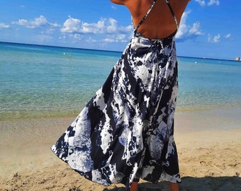 long backless dress blue clouds