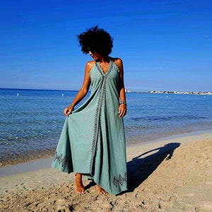 long cotton block print green dress || karmalie hot couture