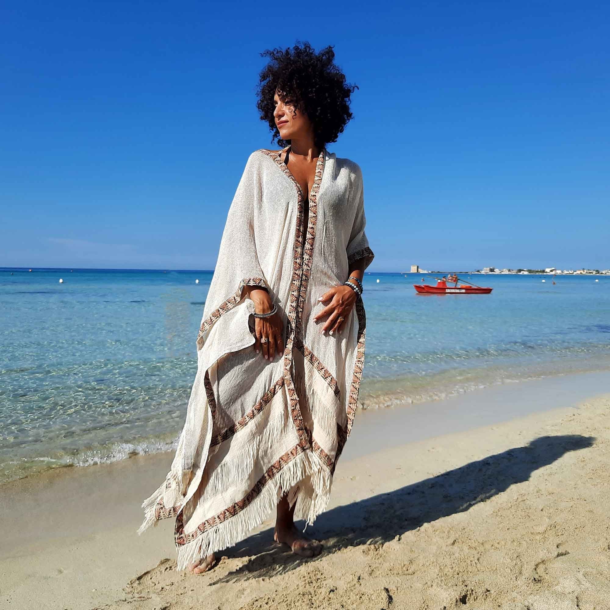 Cotton Beige Fringe Kimono Karmalie Hot Couture Etsy