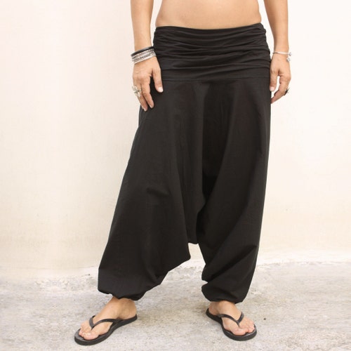 Harem Pants Women Men Drop Crotch Pants Black Side Buttons - Etsy