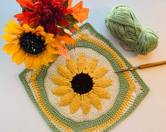 Crochet Sunflower Pattern-Crochet-Crochet Sunflower-Pattern-DIY-Crafts-Square Pattern-Crochet Square-Crochet Sunflower Square Pattern-Flower