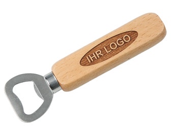 Bottle opener with engraved logo in wooden handle