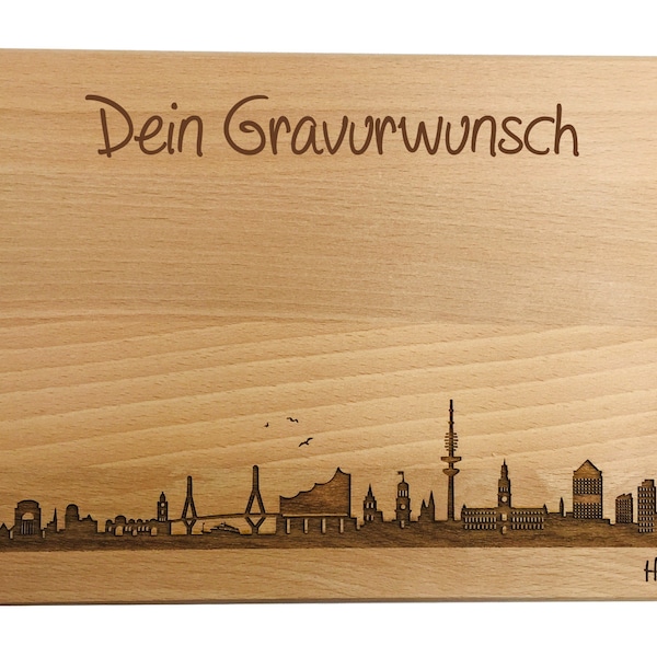 Brotzeitbrett Hamburg Skyline mit persönlicher Gravur