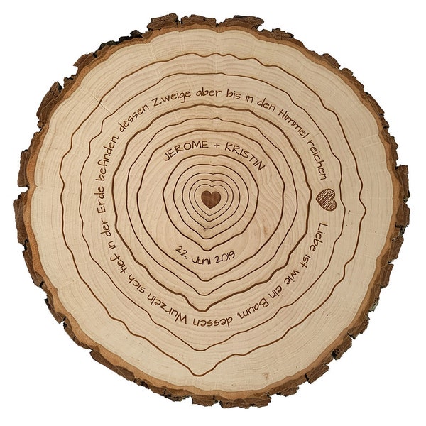 Disco de árbol con motivo de anillo anual y grabado personal.