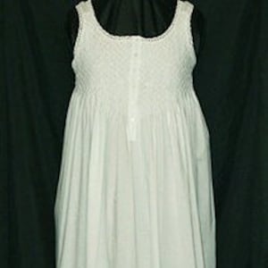 024-Sleeveless Long Smocked White Cotton Night Gown