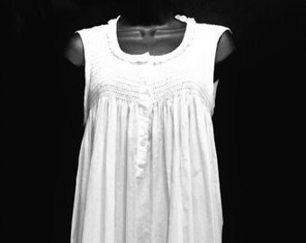 Hand Smocked Cotton Nightgown - Sleeveless Midi Lace Trim 1803st