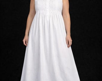 Hand-Smocked Cotton Nightgown, Sleeveless Long White Dress 024