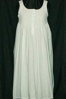 024-Sleeveless Long Smocked White Cotton Night Gown