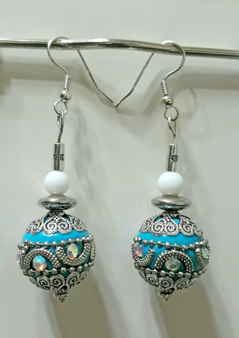 Silver Turquoise color Enamel with and White Glass and Metal spacer Earrings