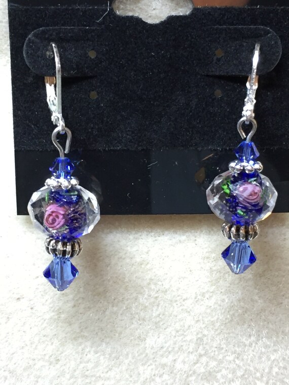 Items similar to Blue and pink glass flower earrings on Etsy