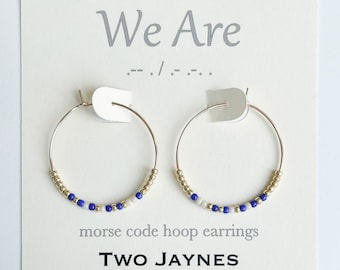 dark blue NAVY & WHITE - Custom Morse Code Hoop Earrings, 14k gold filled or sterling silver, We Are Penn State Earrings PSU
