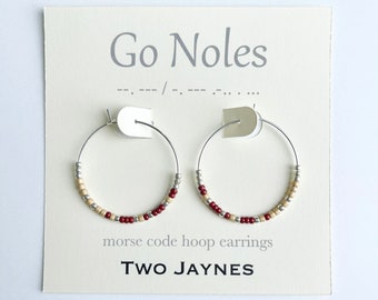 GARNET & old GOLD - Custom Morse Code Hoop Earrings, 14k gold filled or sterling silver, Florida State Seminoles