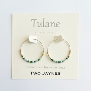 BLUE & GREEN Morse Code Hoop Earrings, 14k gold fill or sterling silver - Tulane Green Wave