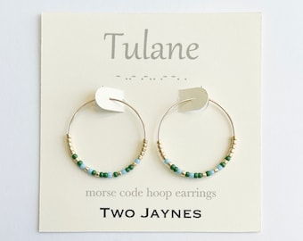 BLUE & GREEN Morse Code Hoop Earrings, 14k gold fill or sterling silver - Tulane Green Wave