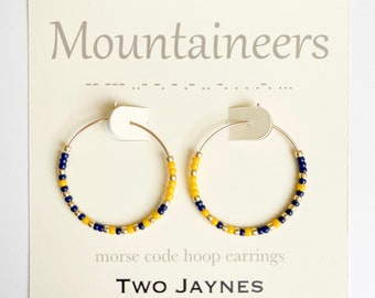 navy BLUE & yellow GOLD Morse Code Hoop Earrings, 14k gold fill or sterling silver