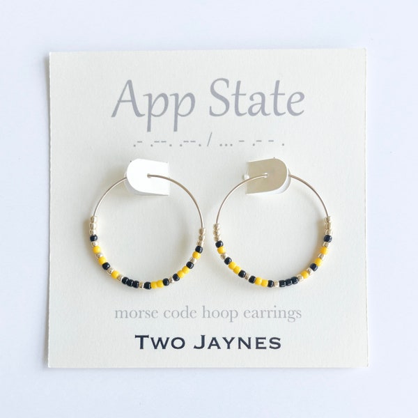 BLACK & yellow GOLD - Custom Morse Code Hoop Earrings, 14k gold fill or sterling silver, App State Mountaineers Appalachian University