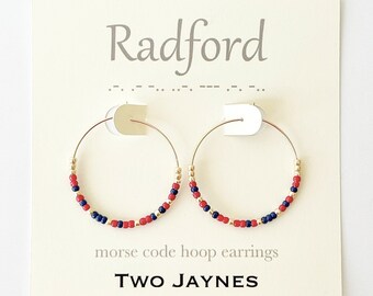 RED & BLUE - Custom Morse Code Hoop Earrings, 14k gold fill or sterling silver, Radford Highlanders