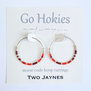 MAROON & ORANGE - Custom Morse Code Hoop Earrings, 14k gold fill or sterling silver, Virginia Tech Hokies