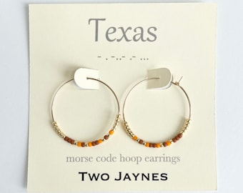 Burnt ORANGE brown Morse Code Hoop Earrings, 14k gold fill or sterling silver - University of Texas Longhorns