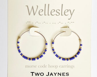 BLUE & WHITE Morse Code Hoop Earrings, 14k gold fill or sterling silver