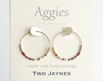 MAROON & WHITE - Custom Morse Code Hoop Earrings, 14k gold filled or sterling silver, Texas AM Aggies Gig 'em