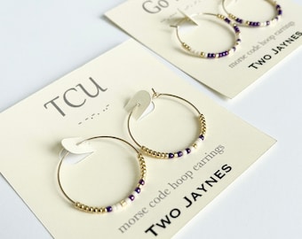 PURPLE and WHITE Morse Code Hoop Earrings, 14k gold fill or sterling silver - Texas Christian University TCU