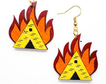 Burning Temple Earrings | Folk Horror Ritual Jewelry | Ceremonial Fire Building Earrings | Dark Aesthetic Statement Jewelry | Gift for Her