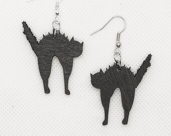 Black Cat Earrings - Fraidy Cat - Black - Halloween - Wood