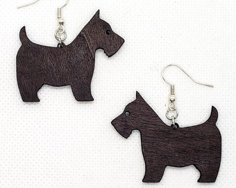 Black Dog Dangle Earrings - Scottish Terrier - Scotty Dog - Wood - Hand-Painted