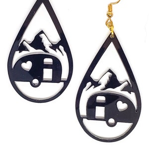 Camper Earrings - Camp Camping - Happy Camper - Black Acrylic