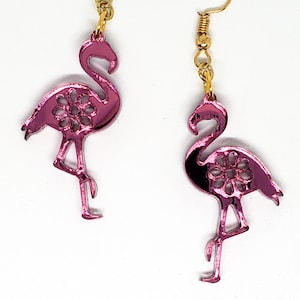 Pink Flamingo Earrings - Bird - Mirrored Acrylic