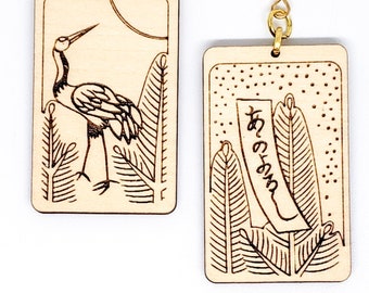 Hanafuda Style Earrings - Japanese Playing Cards - Wood