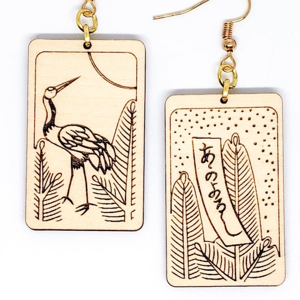 Hanafuda Style Earrings - Japanese Playing Cards - Wood