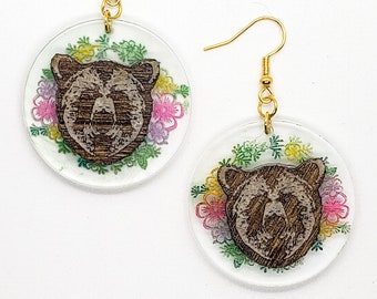 Folk Horror Bear Earrings with Floral Wreath | Gothic Statement Jewelry | Ritual Inspired Dark Aesthetic Earrings | Unique Halloween Gift