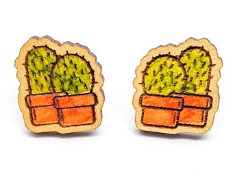 Cactus Earrings - Poplar Wood - Cacti