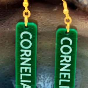 Puede incluir: Un par de pendientes de acr&iacute;lico verde con ganchos dorados. Los pendientes son rectangulares y tienen las palabras "Cornelia St" escritas en ellos.