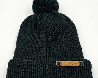 Knit Beanie Hat - Green - Wool - Pom-Pom