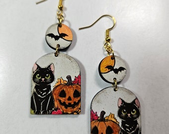 Black Cat Pumpkin Earrings | Halloween Cat Jewelry | Gothic Fall Statement Earrings | Spooky Cat Jack O Lantern | Gift for Her