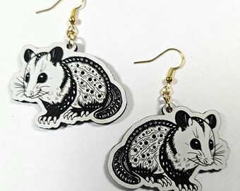 Handmade Opossum Earrings: Whimsical Wood Charm with Gold Findings