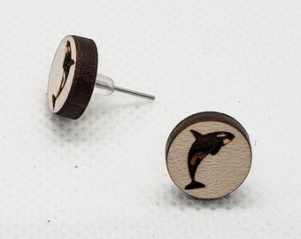 Orca Stud Earrings: Laser Cut Maple Wood, Whale Lover Gift