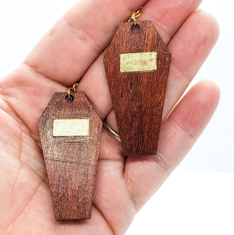 Coffin Earrings Wood Casket Halloween Brown
