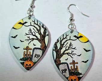 Graveyard Scene Earrings | Haunted Cemetery Jewelry | Gothic Halloween Statement Earrings | Spooky Skull Landscape | Gift for Her