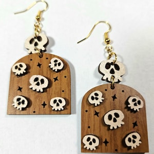 Skull Earrings - Halloween - Wood - gift for friend