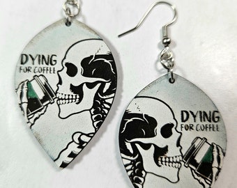 Skeleton Coffee Earrings | Dying for Coffee Jewelry | Gothic Funny Skull Earrings | Halloween Statement | Gift for Her
