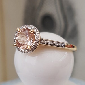 9ct Yellow Gold & Morganite Halo Ring with Diamonds Engament Annivesary Dress Ring image 1