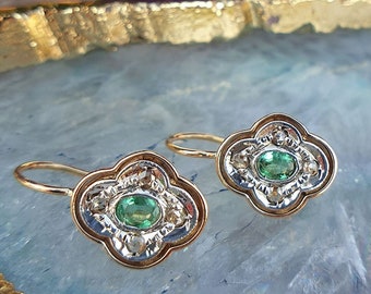 Victorian Inspired 14ct Yellow Gold Diamond & Emerald Quatrefoil Earrings