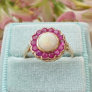 Victorian Inspired 14ct Yellow Gold Opal & Ruby Flower Ring