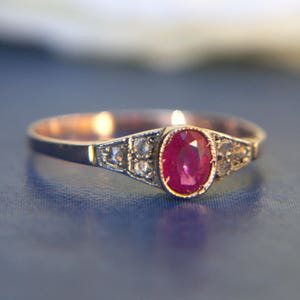 Antique Inspired 9ct Rose Gold Ruby Solitaire Ring with Diamond Shoulders