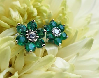 Flower Shaped 18ct White Gold Diamond & Gemstone Stud Earrings in Ruby Emerald or Sapphire